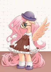 Size: 1447x2039 | Tagged: safe, artist:unousaya, derpibooru import, fluttershy, pegasus, pony, semi-anthro, clothes, cute, dress, female, glasses, hat, mare, shyabetes, solo, spread wings, wings