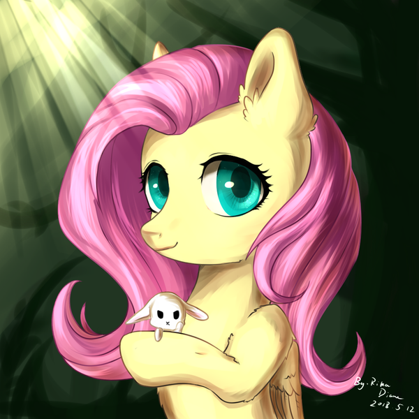 Size: 1024x1024 | Tagged: safe, artist:rikadiane, derpibooru import, angel bunny, fluttershy, pegasus, pony, bust, duo, female, folded wings, looking at you, mare, portrait