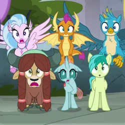 Size: 720x720 | Tagged: safe, derpibooru import, screencap, gallus, ocellus, sandbar, silverstream, smolder, yona, changedling, changeling, classical hippogriff, dragon, earth pony, gryphon, hippogriff, pony, yak, school daze, cloven hooves, cropped, dragoness, female, flying, male, student six, teenager