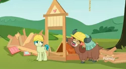 Size: 1658x915 | Tagged: safe, derpibooru import, screencap, sandbar, yona, earth pony, pony, yak, non-compete clause, apple shed, discovery family logo, duo, female, hard hat, male, property damage, teenager, wood