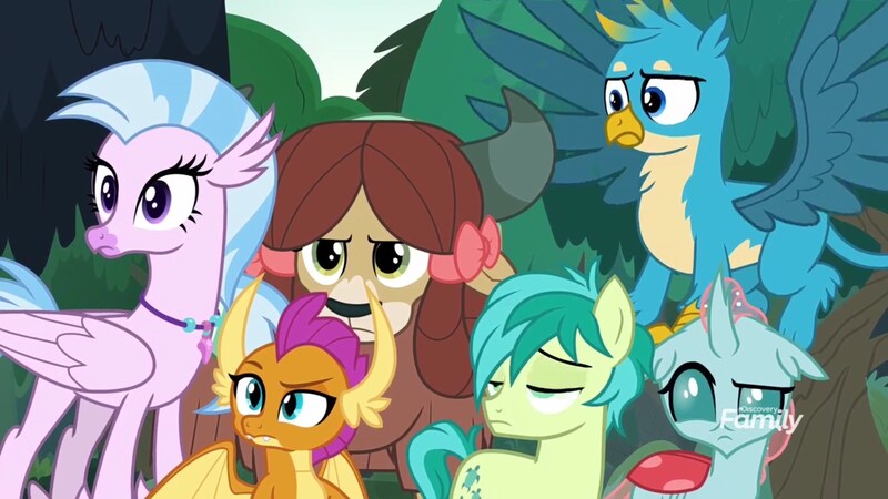 Size: 1920x1080 | Tagged: safe, derpibooru import, screencap, gallus, ocellus, sandbar, silverstream, smolder, yona, changedling, changeling, dragon, earth pony, gryphon, hippogriff, pony, yak, non-compete clause, discovery family logo, female, floppy ears, frown, lidded eyes, male, ocellus is not amused, raised eyebrow, smolder is not amused, student six, unamused, yona is not amused