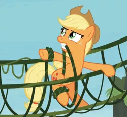 Size: 1309x1208 | Tagged: safe, derpibooru import, screencap, applejack, earth pony, pony, non-compete clause, cropped, female, gritted teeth, mare, mouth hold, solo, tied up, vine