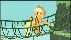 Size: 2560x1440 | Tagged: safe, derpibooru import, screencap, applejack, earth pony, pony, non-compete clause, female, gritted teeth, mare, mouth hold, solo, vine