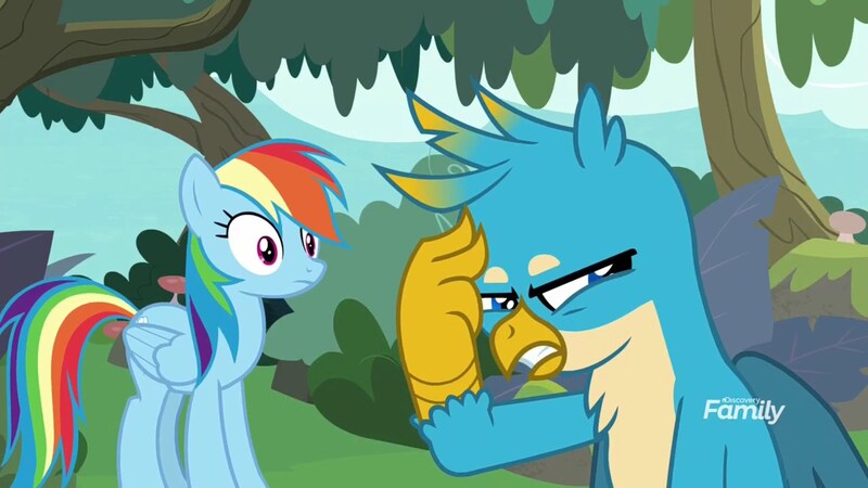 Size: 1920x1080 | Tagged: safe, derpibooru import, screencap, gallus, rainbow dash, gryphon, pegasus, pony, non-compete clause, discovery family logo, duo, female, frown, gritted teeth, male, mare, raised claw, surprised