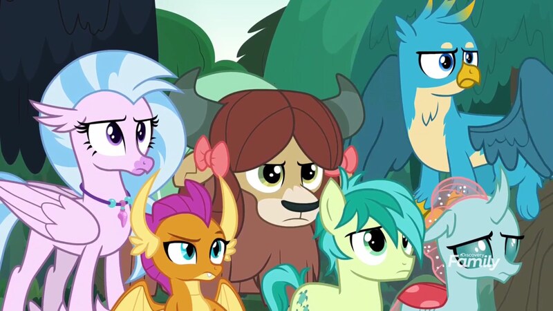 Size: 1920x1080 | Tagged: safe, derpibooru import, screencap, gallus, ocellus, sandbar, silverstream, smolder, yona, changedling, changeling, dragon, earth pony, gryphon, hippogriff, pony, yak, non-compete clause, discovery family logo, female, frown, logo, male, raised eyebrow, stallion, student six, unamused, watermark