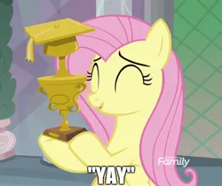 Size: 520x436 | Tagged: safe, derpibooru import, edit, edited screencap, screencap, fluttershy, pegasus, pony, non-compete clause, cropped, cute, female, mare, meme, shyabetes, solo, teacher of the month, trophy, yay