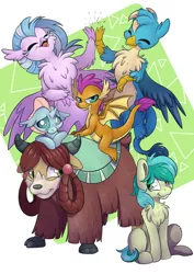 Size: 4962x7014 | Tagged: safe, artist:cutepencilcase, derpibooru import, gallus, ocellus, sandbar, silverstream, smolder, yona, changedling, changeling, classical hippogriff, dragon, earth pony, gryphon, hippogriff, pony, yak, absurd resolution, chest fluff, cloven hooves, dragoness, female, flying, high five, looking at you, male, student six, teenager