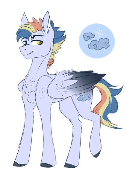 Size: 2101x2857 | Tagged: safe, artist:anyatrix, derpibooru import, oc, oc:fog frost, pegasus, pony, heterochromia, high res, magical lesbian spawn, male, offspring, parent:night glider, parent:rainbow dash, parents:nightdash, simple background, solo, stallion, two toned wings, white background