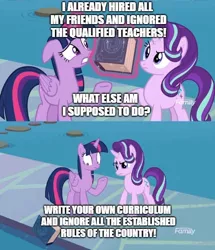 Size: 500x581 | Tagged: safe, derpibooru import, edit, edited screencap, screencap, starlight glimmer, twilight sparkle, twilight sparkle (alicorn), alicorn, pony, unicorn, school daze, book, book abuse, discovery family logo, drama, eea rulebook, exploitable meme, meme, op has a point, starlight drama, water