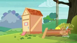 Size: 1920x1080 | Tagged: apple shed, board, derpibooru import, discovery family logo, hard hat, non-compete clause, no pony, pulley, rope, safe, saw, screencap, shed, sweet apple acres, tree, wood