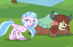 Size: 484x312 | Tagged: animated, belly flop, bow, classical hippogriff, cloven hooves, cute, derpibooru import, diastreamies, duo, female, field tripping, gif, hair bow, hippogriff, non-compete clause, safe, screencap, silverstream, yak, yona, yonadorable