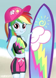 Size: 1024x1411 | Tagged: safe, artist:danielitamlp, derpibooru import, rainbow dash, equestria girls, equestria girls series, adorasexy, baseball cap, beach, belly button, blushing, board shorts, breasts, busty rainbow dash, cap, clothes, cute, hat, looking at you, ocean, sexy, surfboard, swimsuit