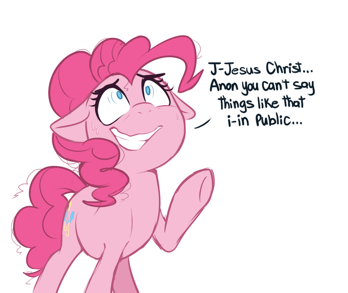 Size: 1010x851 | Tagged: safe, artist:higgly-chan, derpibooru import, pinkie pie, earth pony, pony, dialogue, female, floppy ears, grin, implied anon, mare, nervous, nervous grin, no pupils, out of context, reaction image, simple background, smiling, solo, sweat, white background