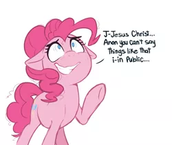 Size: 1010x851 | Tagged: safe, artist:higgly-chan, derpibooru import, pinkie pie, earth pony, pony, dialogue, female, floppy ears, grin, implied anon, mare, nervous, nervous grin, no pupils, out of context, reaction image, simple background, smiling, solo, sweat, white background