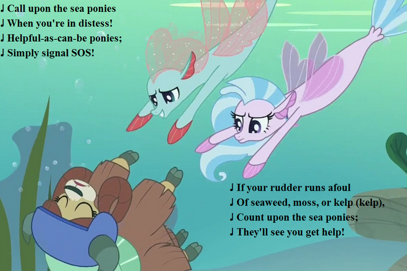 Size: 960x640 | Tagged: asphyxiation, call upon the sea ponies, cloven hooves, cropped, derpibooru import, disguise, disguised changeling, drowning, edit, edited screencap, female, helmet, lyrics, misspelling, non-compete clause, ocellus, rescue, river, safe, screencap, seapony (g4), seapony ocellus, seaweed, shoo be doo, silverstream, song reference, text, trio, underwater, yak, yona