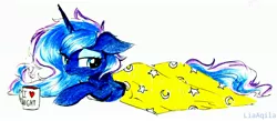 Size: 3189x1386 | Tagged: safe, artist:liaaqila, derpibooru import, princess luna, alicorn, pony, blanket, coffee, cute, female, floppy ears, lidded eyes, looking at you, lunabetes, mare, messy mane, mug, prone, simple background, smiling, solo, traditional art, waking up, white background