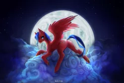 Size: 2975x2000 | Tagged: safe, artist:elzafox, derpibooru import, oc, unofficial characters only, pegasus, pony, cloud, cloudy, female, looking at you, mare, moon, night, on a cloud, solo, spread legs, spread wings, spreading, tongue out, wings