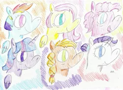 Size: 2755x2017 | Tagged: safe, artist:ptitemouette, derpibooru import, applejack, fluttershy, pinkie pie, rainbow dash, rarity, twilight sparkle, twilight sparkle (alicorn), alicorn, pony, mane six, older, traditional art