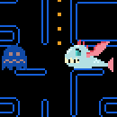 Size: 130x130 | Tagged: artist:derek the metagamer, biteacuda, blue ghost, changedling, changeling, derpibooru import, disguise, disguised changeling, fish, ghost, non-compete clause, ocellus, pac-man, pixel art, safe, sprite