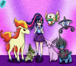 Size: 1500x1300 | Tagged: safe, artist:liniitadash23, derpibooru import, sci-twi, twilight sparkle, axew, deino, espeon, lampent, ponyta, rowlet, equestria girls, equestria girls series, backpack, clothes, crossover, cute, glasses, looking at you, nintendo, pokémon, ponytail, shoes, skirt, socks