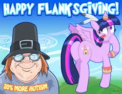 Size: 1280x991 | Tagged: safe, artist:curtsibling, derpibooru import, twilight sparkle, twilight sparkle (alicorn), alicorn, human, pony, 20%, ableism, autism, brony hater, clothes, curtsibling strikes again, feather, female, hat, holiday, male, mare, native american, pilgrim hat, plot, shirt, squaw, thanksgiving, twilight squaw