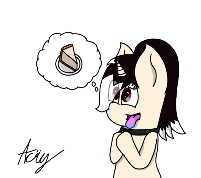 Size: 1272x1126 | Tagged: safe, artist:acrylicbristle, derpibooru import, oc, oc:acrylic bristle, unofficial characters only, unicorn, bangs, cake, cheesecake, collar, drool, eye clipping through hair, femboy, food, girly, heart eyes, looking up, male, pictogram, ponytail, signature, simple background, solo, stallion, thought bubble, tongue out, transparent background, wingding eyes