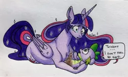 Size: 3423x2061 | Tagged: safe, artist:ameliacostanza, derpibooru import, spike, twilight sparkle, twilight sparkle (alicorn), alicorn, dragon, pony, avengers: infinity war, colored pencil drawing, crying, dialogue, disintegration, female, i don't feel so good, imminent death, male, mare, series finale, simple background, spoilers for another series, traditional art, vanish, white background