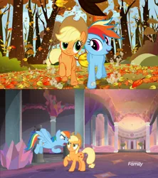 Size: 1280x1440 | Tagged: safe, derpibooru import, edit, edited screencap, screencap, applejack, rainbow dash, pony, fall weather friends, non-compete clause, comparison, duo, ending, hypocritical humor, non-compete clause drama, running of the leaves