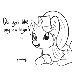 Size: 1650x1650 | Tagged: safe, artist:tjpones, derpibooru import, starlight glimmer, pony, unicorn, crossed hooves, cute, description is relevant, dialogue, ear fluff, glimmerbetes, grammar error, grayscale, intentional grammar error, lego, monochrome, prone, simple background, smiling, solo, white background