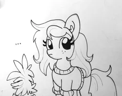 Size: 1367x1081 | Tagged: safe, artist:tjpones, derpibooru import, wallflower blush, ponified, earth pony, pony, equestria girls, equestria girls series, forgotten friendship, ..., black and white, clothes, cute, ear fluff, equestria girls ponified, female, flowerbetes, grayscale, lineart, mare, monochrome, plant, potted plant, simple background, sweater, traditional art, wallflower and plants