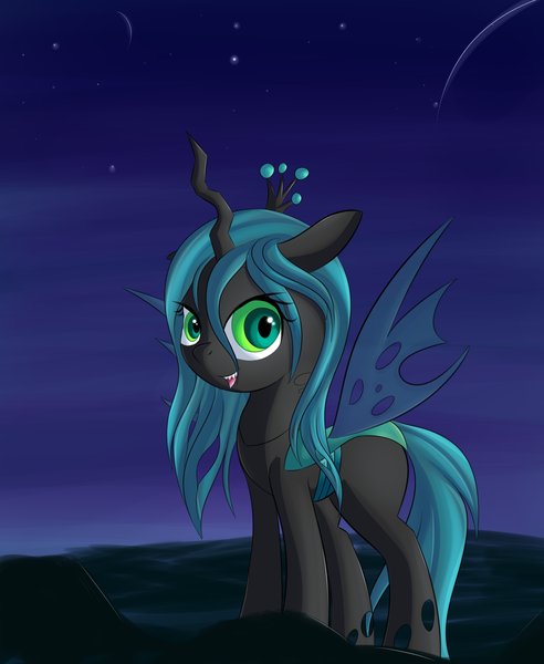 Size: 1834x2238 | Tagged: artist:brok-enwings, changeling, changeling queen, cute, cutealis, dead source, derpibooru import, female, filly, filly queen chrysalis, foal, looking at you, night, nymph, open mouth, planet, queen chrysalis, safe, sky, smiling, solo, space, stars, younger
