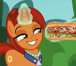 Size: 931x812 | Tagged: safe, derpibooru import, edit, edited screencap, screencap, stellar flare, pony, unicorn, the parent map, clothes, cropped, faic, female, food, glowing horn, grin, jewelry, mare, necklace, not porn, pearl necklace, sandwich, sandwich censorship, smiling, solo