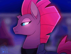 Size: 720x540 | Tagged: safe, artist:renciel, derpibooru import, tempest shadow, pony, unicorn, my little pony: the movie, animated, armor, blushing, broken horn, cute, eye scar, female, looking at you, mare, reaction image, scar, smiling, solo, tempestbetes, tsundere, tsundere shadow, when she smiles