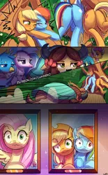 Size: 750x1211 | Tagged: suggestive, artist:lumineko, derpibooru import, applejack, fluttershy, gallus, ocellus, rainbow dash, sandbar, silverstream, smolder, yona, classical hippogriff, gryphon, hippogriff, pony, yak, non-compete clause, awkward, awkward moment, buttstuck, comic, dock, female, funny, funny as hell, implied penetration, mare, ouch, picture, plot, stuck, student six, this ended in pain, tree