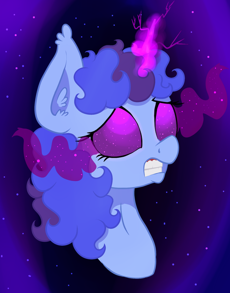 Size: 1590x2020 | Tagged: safe, artist:paskanaakka, derpibooru import, oc, oc:midnight dew, unofficial characters only, pony, unicorn, abstract background, bust, female, glowing eyes, glowing horn, gritted teeth, magic, mare, portrait, scared, solo, sombra eyes