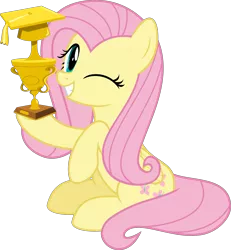 Size: 5033x5439 | Tagged: safe, artist:jhayarr23, derpibooru import, fluttershy, pegasus, pony, non-compete clause, absurd resolution, cute, female, mare, one eye closed, shyabetes, simple background, solo, teacher of the month, transparent background, trophy, vector, wink