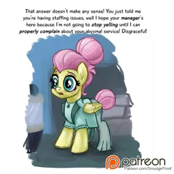 Size: 5000x5000 | Tagged: suggestive, artist:smudge proof, derpibooru import, fluttershy, pony, fake it 'til you make it, absurd resolution, accident, alternate hairstyle, alternate scene, angry, breaking character, clothes, customer, dialogue, fear, fear wetting, frightened, frozen in fear, irate customer, lost composure, offscreen character, patreon, patreon logo, patreon reward, peeing in pants, pissing, rarity for you, scared, severeshy, shop, unprofessional behavior, urine, wetting, yelling
