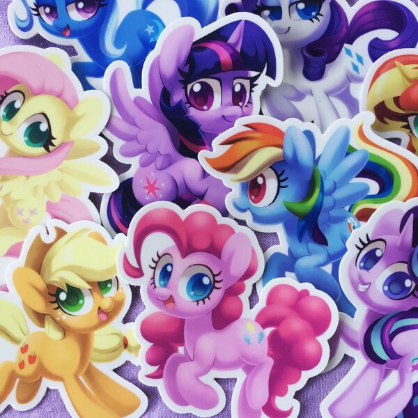 Size: 1200x1200 | Tagged: safe, artist:dawnfire, derpibooru import, applejack, fluttershy, pinkie pie, rainbow dash, rarity, starlight glimmer, sunset shimmer, trixie, twilight sparkle, twilight sparkle (alicorn), alicorn, earth pony, pegasus, pony, unicorn, chibi, cowboy hat, cute, dashabetes, diapinkes, diatrixes, female, flying, glimmerbetes, grin, hat, jackabetes, lidded eyes, looking at you, mane nine, mane six, mare, open mouth, raised hoof, raribetes, shimmerbetes, shyabetes, smiling, spread wings, squee, sticker, twiabetes, wallpaper, wings