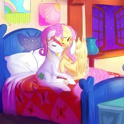 Size: 894x894 | Tagged: safe, artist:spazzyhippie, derpibooru import, fluttershy, oc, oc:lucky charm, pony, unicorn, bed, bedroom, blushing, canon x oc, eyes closed, facial hair, female, flucky, fluttershy's cottage, goatee, hug, male, mare, night, romantic, shipping, spread wings, stallion, straight