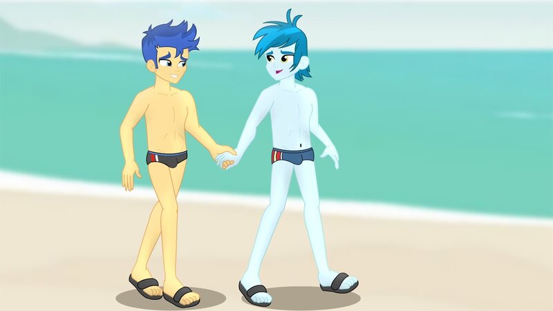 Size: 1600x900 | Tagged: suggestive, artist:supermaxx92, derpibooru import, flash sentry, thunderbass, human, equestria girls, equestria girls series, beach, briefs, clothes, feet, flip-flops, gay, holding hands, looking at each other, love, male, male feet, males only, sandals, shipping, swimsuit, thunderflash, trunks, underwear