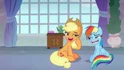 Size: 1280x720 | Tagged: safe, derpibooru import, edit, edited screencap, screencap, applejack, rainbow dash, earth pony, pegasus, pony, non-compete clause, animated, beavis, beavis and butthead, butthead, cowboy hat, daimando is going to hell, duo, faic, female, happy, hat, laughing, laughingmares.jpg, mare, sound, webm