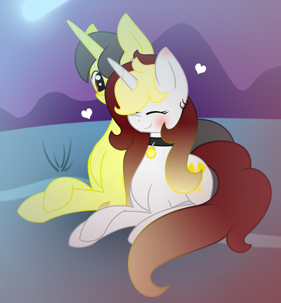 Size: 2193x2361 | Tagged: safe, artist:darbypop1, derpibooru import, oc, oc:destiny blood, oc:magic muse, unofficial characters only, pony, unicorn, base used, blushing, collar, female, heart, high res, male, mare, night, prone, stallion