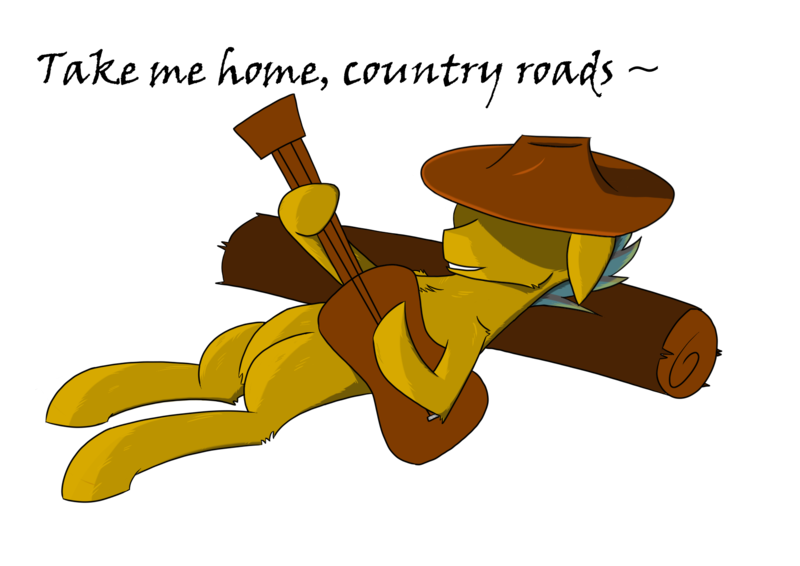 Size: 1754x1240 | Tagged: safe, artist:hugo231929, derpibooru import, oc, unofficial characters only, earth pony, pony, guitar, hat, john denver, log, male, simple background, singing, solo, song reference, stallion, take me home country roads, transparent background