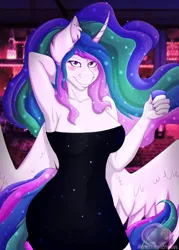 Size: 914x1280 | Tagged: suggestive, artist:manestreamstudios, derpibooru import, princess celestia, anthro, armpits, bar, black dress, breasts, clothes, date night, dress, drink, female, lidded eyes, looking at you, smiling, solo, spread wings, watermark, wings