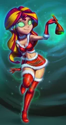 Size: 2064x3898 | Tagged: suggestive, artist:14-bis, derpibooru import, sunset shimmer, equestria girls, armpits, breasts, christmas, clothes, costume, hat, holiday, hypnosis, hypnotized, santa costume, santa hat, swirly eyes