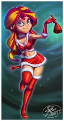 Size: 525x992 | Tagged: suggestive, artist:14-bis, derpibooru import, sunset shimmer, equestria girls, armpits, beautiful, bell, boots, breasts, christmas, clothes, costume, female, hat, high heel boots, holiday, looking at you, midriff, miniskirt, moe, santa costume, santa hat, shoes, skirt, snow, solo, stupid sexy sunset shimmer, thigh boots, thighs, winter