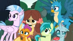 Size: 1920x1080 | Tagged: safe, derpibooru import, screencap, gallus, ocellus, sandbar, silverstream, smolder, yona, changedling, changeling, dragon, earth pony, gryphon, hippogriff, pony, yak, non-compete clause, female, floppy ears, frown, lidded eyes, male, ocellus is not amused, raised eyebrow, smolder is not amused, student six, unamused, yona is not amused