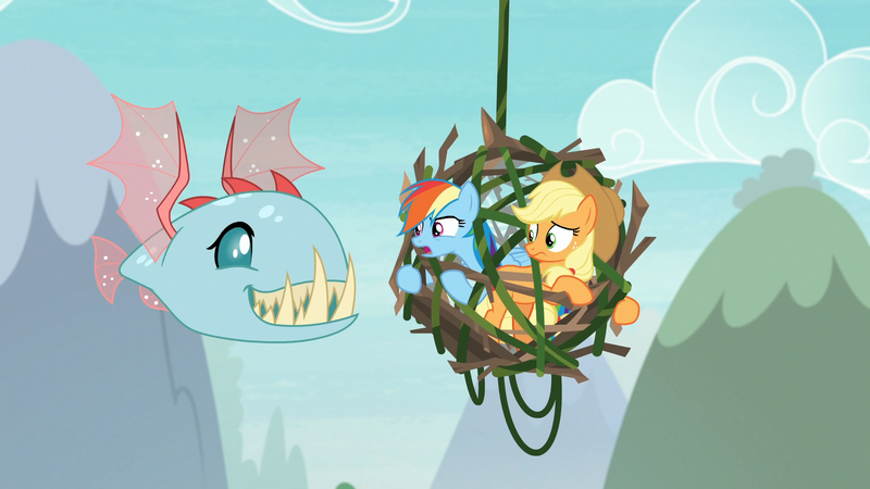 Size: 1920x1080 | Tagged: safe, derpibooru import, screencap, applejack, ocellus, rainbow dash, biteacuda, earth pony, fish, pegasus, pony, non-compete clause, branches, cage, dangling, disguise, disguised changeling, fangs, female, flying, frown, grin, gritted teeth, mare, scared, smiling, stick, trapped, trio, vine