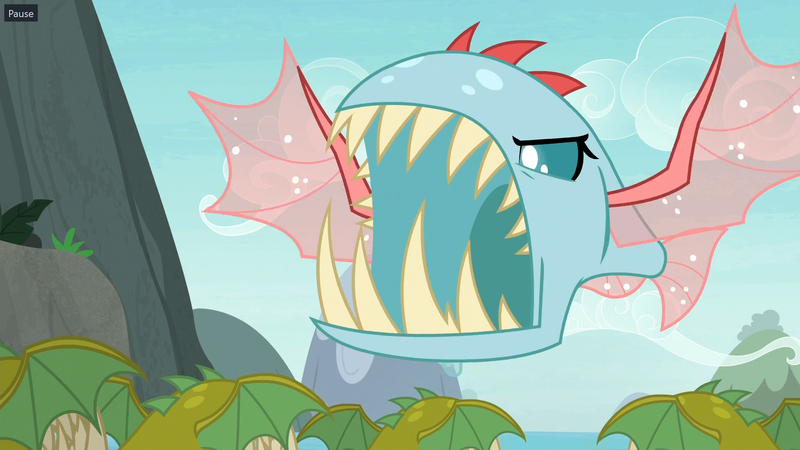 Size: 1920x1080 | Tagged: safe, derpibooru import, screencap, ocellus, biteacuda, fish, pony, non-compete clause, angry, discovery family logo, disguise, disguised changeling, fangs, flying, open mouth, roar, spread wings, wings