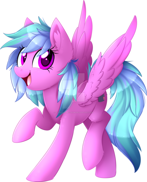 Size: 1024x1271 | Tagged: safe, artist:scarlet-spectrum, derpibooru import, oc, unofficial characters only, pegasus, pony, ear fluff, female, leg fluff, looking at you, mare, multicolored hair, multicolored mane, multicolored tail, open mouth, raised hoof, raised leg, simple background, smiling, solo, spread wings, transparent background, watermark, wings